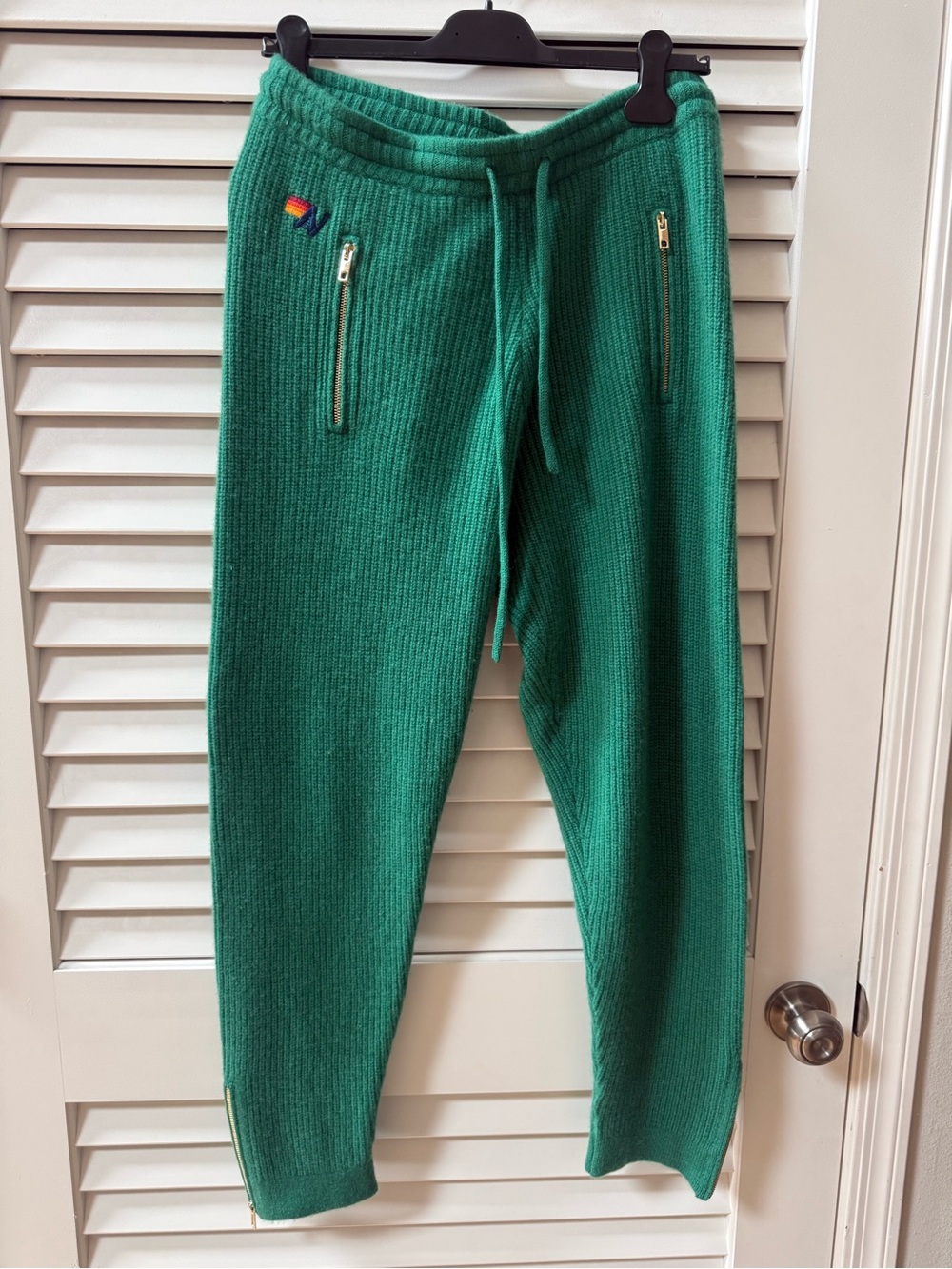 Aviator Nation Green Sweater Ribbed Knit 100% Cashmere Track Joggers with Logo